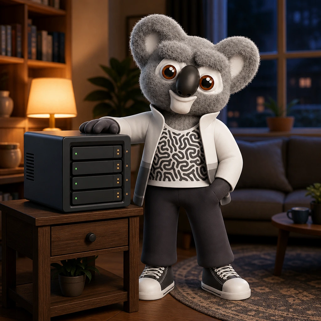 Kody in a living room with his hand on a logo-free home NAS